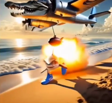 Bombardiro Crocodilo Italian Brainrot meme character dropping a bomb (reference image from italianbrainrot.wikioasis.org)